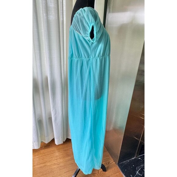 Vintage 70s negligee, teal blue, empire waist, puff sleeves nightgown - Picture 5 of 8